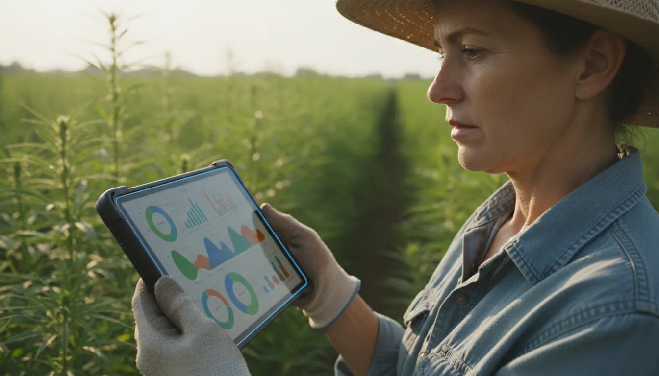 Hemp farmer analyzing crop data on tablet in field
