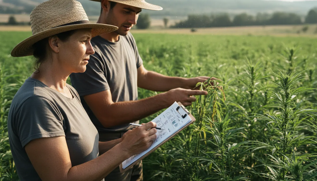 Farmer reviewing hemp compliance documents with clipboard in field