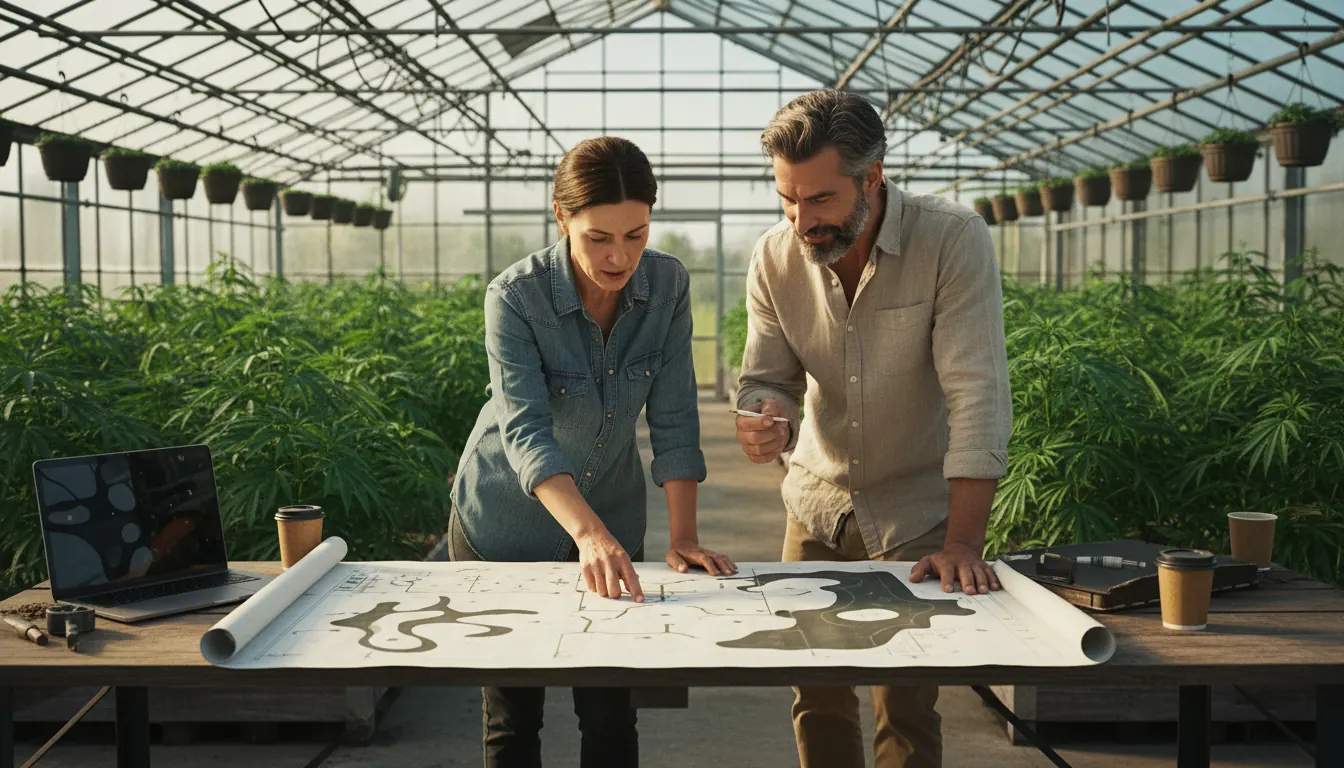 Hemp farm founders reviewing cultivation plans in greenhouse