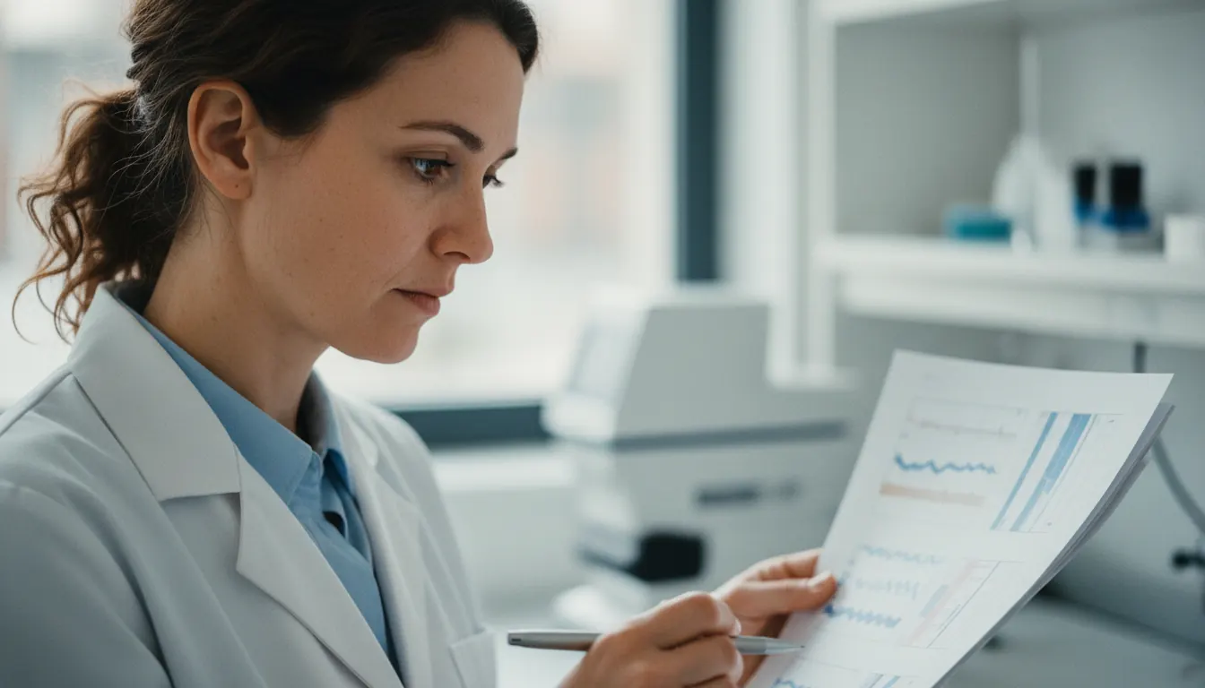 Quality control specialist reviewing product testing documentation